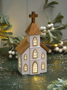 Eglise lumineuse en céramique et en bois avec éclairage LED
