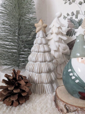 Figurine décorative en sapin de noël avec étoile en céramique | Coloris blanc