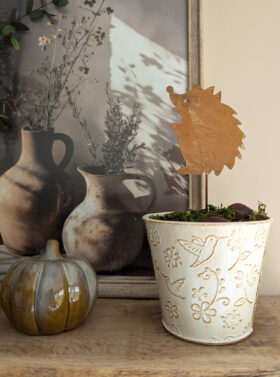 Petit pot en zinc décoratif, coloris beige | Motifs oiseaux et fleurs