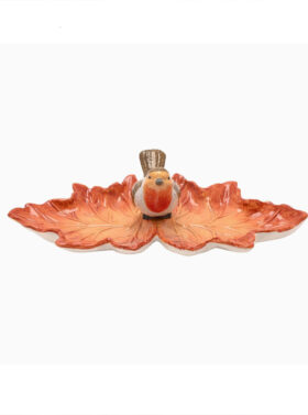 Coupelle décorative en forme de feuilles avec oiseau en céramique