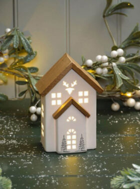Maisonnette blanche lumineuse en céramique et en bois, éclairage LED.