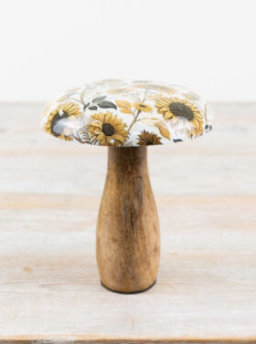 Grand champignon en bois de manguier, motifs tournesols