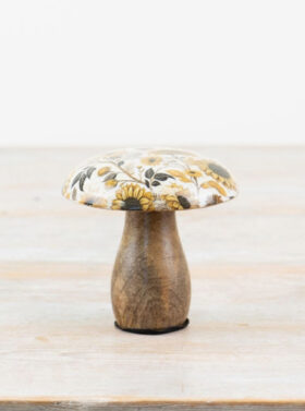 Petit champignon en bois de manguier, motifs tournesols