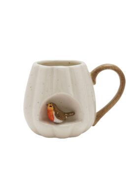 Tasse en céramique en forme de citrouille avec son petit oiseau.